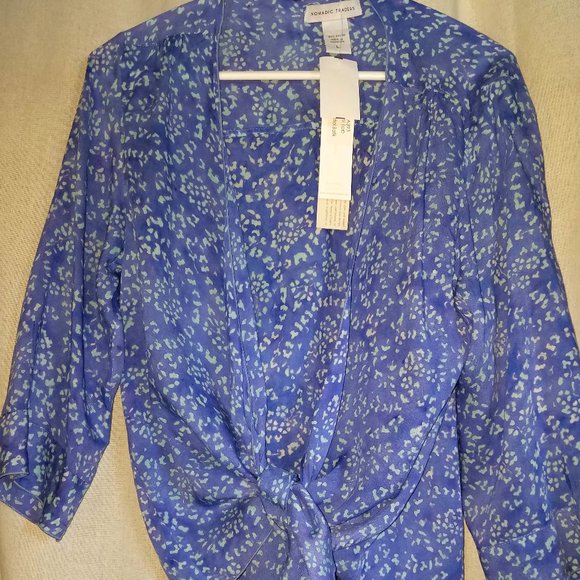 NWT Nomadic Traders L Women's Batik Rayon Lt Wt 3/4 sleeve Wrap Periwinkle/Green - Picture 9 of 11